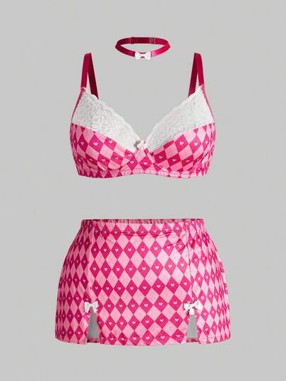 Kawaii 3 Stücke Große Größen Rautenkaro Spitze Unterbügel-BH, Choker & bedruckte Shorts Set