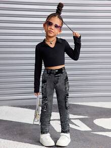 SHEIN Young Girl Y2k Grey Denim Elastic Skinny Cargo Jogger Pants,Fall Clothes,Winter Clothing ,Casual And Fashionable Vacation Outfits,Streetwear,2000s Style  ,Christmas Clothing,Bell Bottom  Jeans,Christmas Grey   Jeans - Grey - View 5