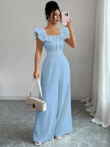 Elenzga Nuovo tuta da donna con colletto quadrato, volant, finta patta, decorazione con cintura e bottoni, elegante per uso quotidiano e spostamenti, snellente, vita alta - celeste - Visualizzare 3