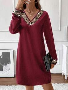 LanaWest Women's V-Neck Long Sleeve Beaded Trim Fashionable Short Dress - Red - View 3