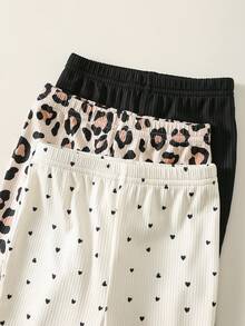 3pcs Baby Girl Valentine's Day Heart & Leopard Print Soft Elastic Waist Knit Leggings Set, Cute Casual Versatile Knit Leopard & Polka Dot Pattern - Multicolor - View 7