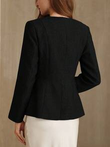 EMERY ROSE Round Neck Herringbone Metal Button Decor Hem Patchwork Office Blazer - Black - View 6