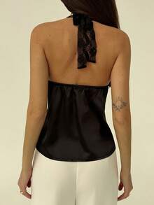 Aloruh Women's Fashion Contrast Lace Spaghetti Strap Backless Camisole For Summer - Black - View 2