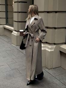 Aloruh 女士休闲双排扣系带风衣，秋季，女士秋季外套 - 卡其色 - 查看 3