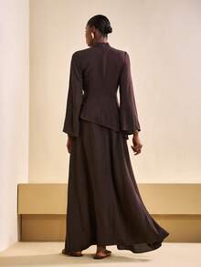 Zivah 2025 Autumn/Winter New Year, Valentine's Day, Party, Evening, Date, Birthday, College Style, Student, Daily Wear, Versatile, Casual, Cruise Travel, Trending, Elegant, Commute, Business Casual, Minimalist Collared Flare Sleeve Tie-Waist Asymmetric Hem Shirt + Loose A-Line Long Skirt 2-Piece Set, Brown Fabric, Women's Autumn/Winter Outfit Brown Two Piece Set Modest Two Piece Set Modest Dress Brown Elegant Dress Women Modest Sets For Women - Brown - View 2