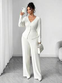 Elenzga Plus Size Women Button Front Top T-Shirt Jacket And Straight Leg Knit Pants 2 Pieces Set, Comfortable For Home And Daily Elegant Wear - White - View 1
