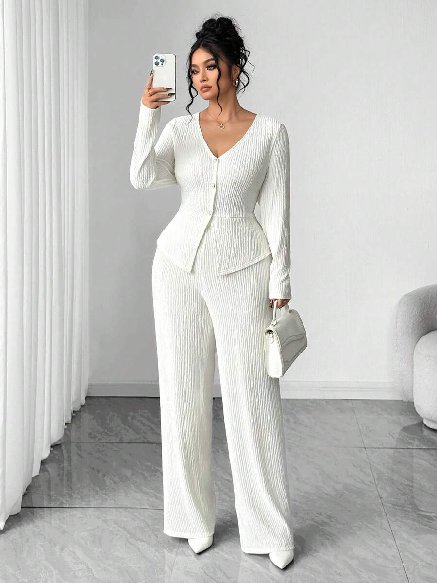 Elenzga Plus Size Women Button Front Top T-Shirt Jacket And Straight Leg Knit Pants 2 Pieces Set, Comfortable For Home And Daily Elegant Wear - White - View 1
