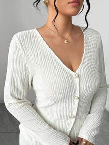 Elenzga Plus Size Women Button Front Top T-Shirt Jacket And Straight Leg Knit Pants 2 Pieces Set, Comfortable For Home And Daily Elegant Wear - White - View 4