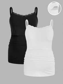Modmama Maternity Solid Color Lace Trimmed Pleated Slim Fit Nursing Camisole - Multicolor - View 15