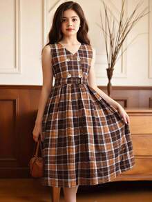 SHEIN Girls' Retro Plaid Dress, Waist Cinched Double-Breasted Design, Snug Fit, Suitable For School, Holiday, Casual Wear - Multicolor - View 4