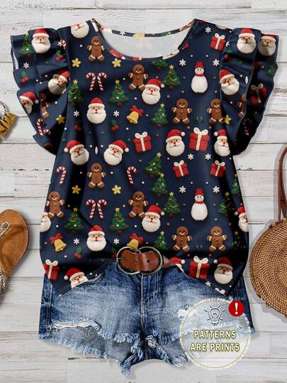 EMERY ROSE Plus Size Women's Fashion Christmas Print Ruffle Hem Blouse