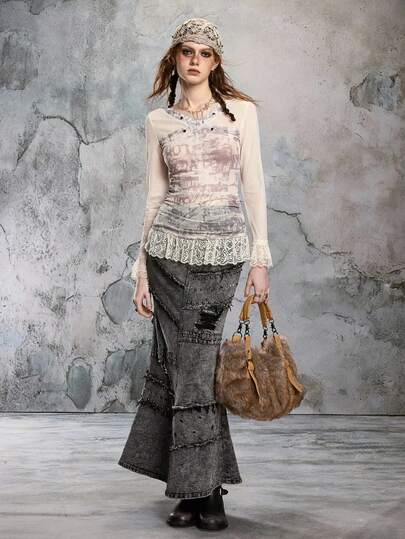 Grunge Punk Y2K Punk Rivet Decor Distressed Vintage Wash Bodycon Denim Mermaid Skirt