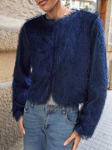 Maija 女士休闲秋季时尚圆领前开襟纽扣外套 - 藏蓝色 - 查看 7