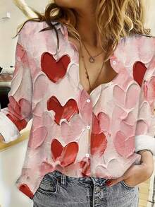 EMERY ROSE Mother's Day 3D Heart-Shaped Printed Simple Shirt, Casual Button Up Front Long Sleeved Shirt, Suitable For All Seasons, Women's Clothing - Multicolor - View 1