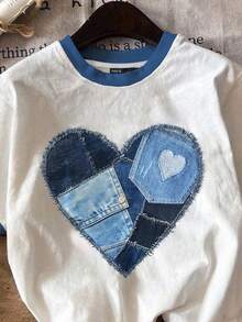 SHEIN EZwear 休闲简约心形印花图案圆领宽松女式T恤 - 彩色 - 查看 4