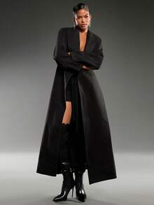 Normani Lange, einfarbige, gegürtelte Taschen-Jacke mit langen Ärmeln, elegant und bequem, für Herbst/Winter - Schwarz - Übersicht 5