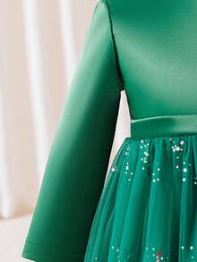 Glamorique Kids Young Girl Mesh Patchwork Bow Decor Elegant Long Sleeve Party Dress - Dark Green - View 8
