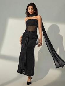 Lyxana Vestido de mujer de unicolor con parches de malla - Negro - Ver 5