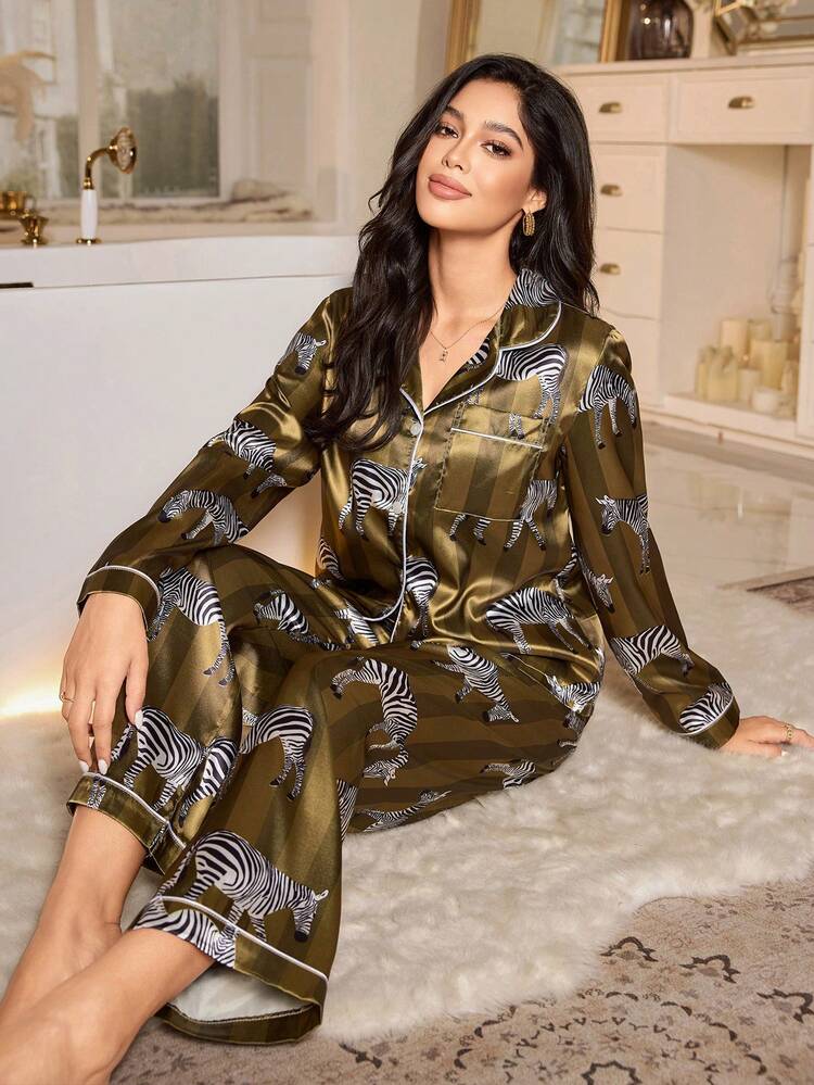 LuxeNights Women's Luxurious Olive Green Satin Zebra Print Pajama Pants Set With Long Sleeves And Collar Detail - Olive Green - View 5