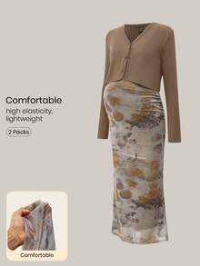 Modmama 2 Pieces Set Khaki Mesh Vintage Print Maternity Long Sleeve Outfit