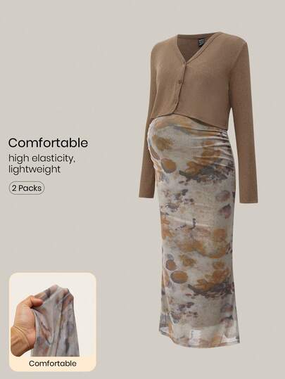 Modmama 2 Pieces Set Khaki Mesh Vintage Print Maternity Long Sleeve Outfit