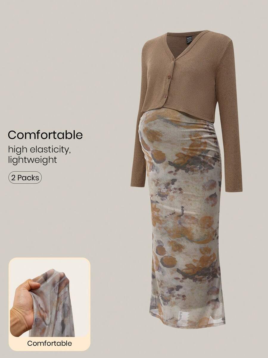 Modmama 2 Pieces Set Khaki Mesh Vintage Print Maternity Long Sleeve Outfit