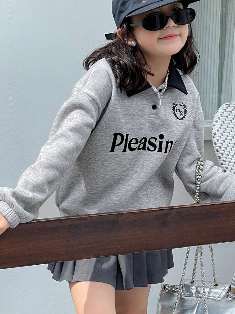 Tween Girls Turndown Collar Contrast Color Letter Embroidery Fleece Sweatshirt, Autumn,Winter