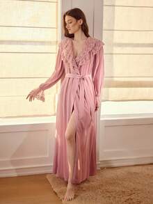 MOTF PREMIUM WOMEN'S ROMANTIC CONTRAST LACE RUFFLE SLEEVE BELTED LONG SLEEP DRESS - Pink - View 5