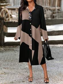 SHEIN PETITE Petite Women Geometric Print Slimming Versatile Shirt Dress - Multicolor - View 3