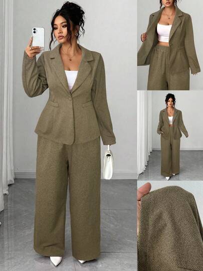 SHEIN Clasi Plus Size Women's Herringbone Tweed Suit, Elegant Waist Design, A-Line Peplum Top With V-Neck, Button Closure, Thick Trousers, Slimming And Mature Style, Suitable For School, Graduation, Holidays, Valentine's Day, Music Festivals, Mother's Day, Halloween, Thanksgiving, Easter, National Day, Dances, Dates, Parties, Weddings, Outdoor Activities Blazer Set Women Office Outfits For Women Set