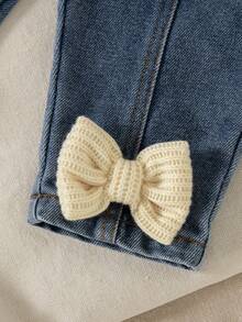 SHEIN 2 件套女婴秋冬休闲风格套装，蝴蝶结装饰，长袖上衣和长牛仔裤 - 杏色 - 查看 3