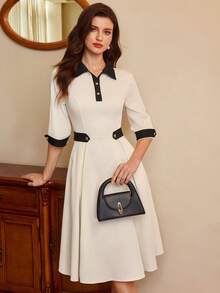 Vintamour 复古优雅女士连衣裙，带口袋，Polo 领，撞色金属纽扣，休闲百搭，适合工作、旅行、度假等各种场合，是冬季女士的理想之选。这款连衣裙也适合圣诞节、新年、感恩节等各种节日穿着。此外，它还适合作为女士冬季连衣裙、圣诞连衣裙、新年夜连衣裙、白色连衣裙等。这款优雅的白色连衣裙也适合新年穿着。 - 米色 - 查看 2