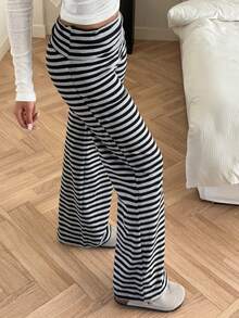 SHEIN EZwear Quần dài nữ dệt kim kẻ sọc rộng rãi thoải mái - Màu xám đen - Xem 3