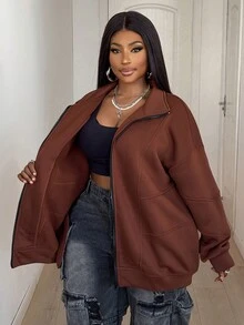 Maweii Sudadera casual holgada de manga larga con cremallera delantera y hombros caídos para mujer de talla grande de un solo color - Marrón - Ver 2