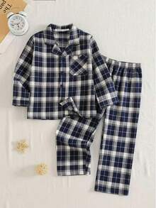 2pcs Young BoyClassic Plaid Shirt & Pants Set, Casual Homewear - Blue - View 4