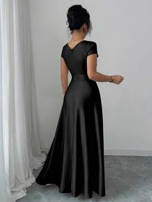 Elenzga V-Neck Cinched Waist Elegant Romantic Short Sleeve Women Dress - Black - View 2