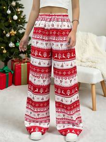 Quần nỉ in họa tiết cho bé gái tuổi teen, quần ống đứng rộng rãi thoải mái với họa tiết đồ họa mờ theo chủ đề Giáng sinh, mùa thu/đông - Đỏ - Xem 3