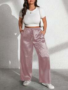Vionelle Plus Size Casual Commuter Leopard Print Wide Leg Pants Satin Pants Cheetah Pants Silk Pants Leopard Pants - Dusty Pink - View 3