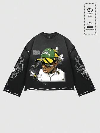 Street Life Men's Vintage Washed Distressed Long Sleeve T-Shirt, Loose Fit