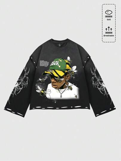 Street Life Men's Vintage Washed Distressed Long Sleeve T-Shirt, Loose Fit