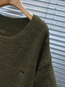 Manfinity Homme Men's Solid Color Round Neck Drop Shoulder Ripped Loose Casual Knit Sweater - Dark Green - View 3