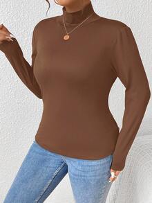SHEIN Frenchy Áo thun cổ bẻ ôm vừa vặn có gân chắc chắn Plus - màu nâu - Xem 5