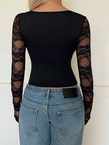 SHEIN EZwear 黑色蕾丝拼接修身女式T恤 - 黑色 - 查看 3