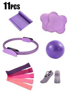 11套瑜伽和普拉提锻炼套装 - 家用女性健身器材 - 包括臀部阻力带拉伸器、迷你普拉提瑜伽球、瑜伽袜、拉伸带、力量训练片、瑜伽护膝垫。适合在家锻炼腿部、手臂和大腿等部位。 - 彩色 - 查看 10
