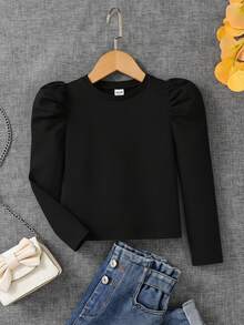 SHEIN Emery Rose Kids Young Girl Chic Casual Elegant Commuting Gigot Sleeve Fitted Long Sleeve T-Shirt, Autumn Tee Fall ,Mom And Daughter & Sisters  Matching - Black - View 7