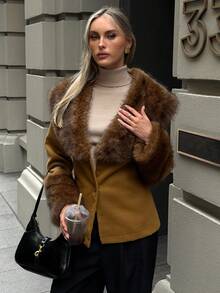 Aloruh Women's Autumn/Winter New Gangster Wife Style Sexy Open Front Button Closure Long Faux Fur Collar Leopard Print Patchwork Long Cinched Waist Sleeve Faux Fur Coat Brown - Multicolor - View 3