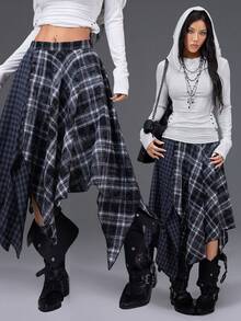 Bloopia 复古美式摇滚叛逆 EMO 朋克甜美酷炫时尚百搭日常通勤热销女装秋冬万圣节哥特风黑灰撞色雪花格子拼接不对称下摆设计半身裙 - 彩色 - 查看 1