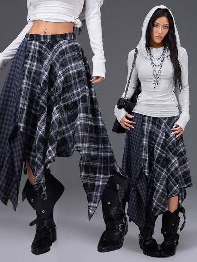  Bloopia 复古美式摇滚叛逆 EMO 朋克甜美酷炫时尚百搭日常通勤热销女装秋冬万圣节哥特风黑灰撞色雪花格子拼接不对称下摆设计半身裙