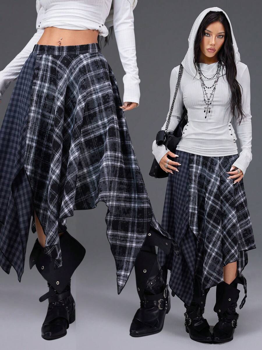 Bloopia 复古美式摇滚叛逆 EMO 朋克甜美酷炫时尚百搭日常通勤热销女装秋冬万圣节哥特风黑灰撞色雪花格子拼接不对称下摆设计半身裙 - 彩色 - 查看 1
