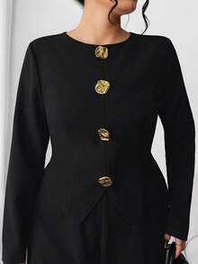 Elenzga Áo kiểu tay dài bó sát, trang trí nút kim loại thanh lịch mới dành cho nữ cỡ lớn, bộ 2 món thường ngày công sở - màu đen - Xem 3